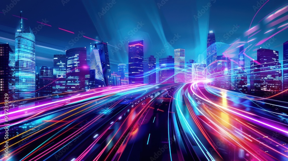 Fototapeta premium Night Cityscape with Dynamic Light Trails