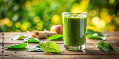 Green Smoothie on Wooden Table with Leaves, healthy , green , smoothie , drink photo