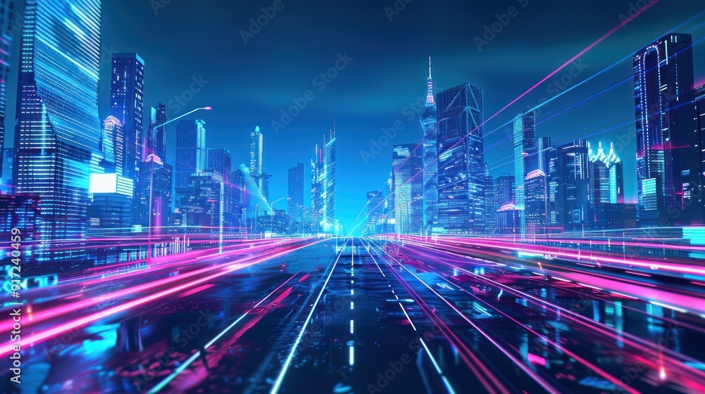 Neon Cityscape with Vibrant Lights and Speeding Traffic Neon Cityscape with Vibrant Lights and Speeding Traffic