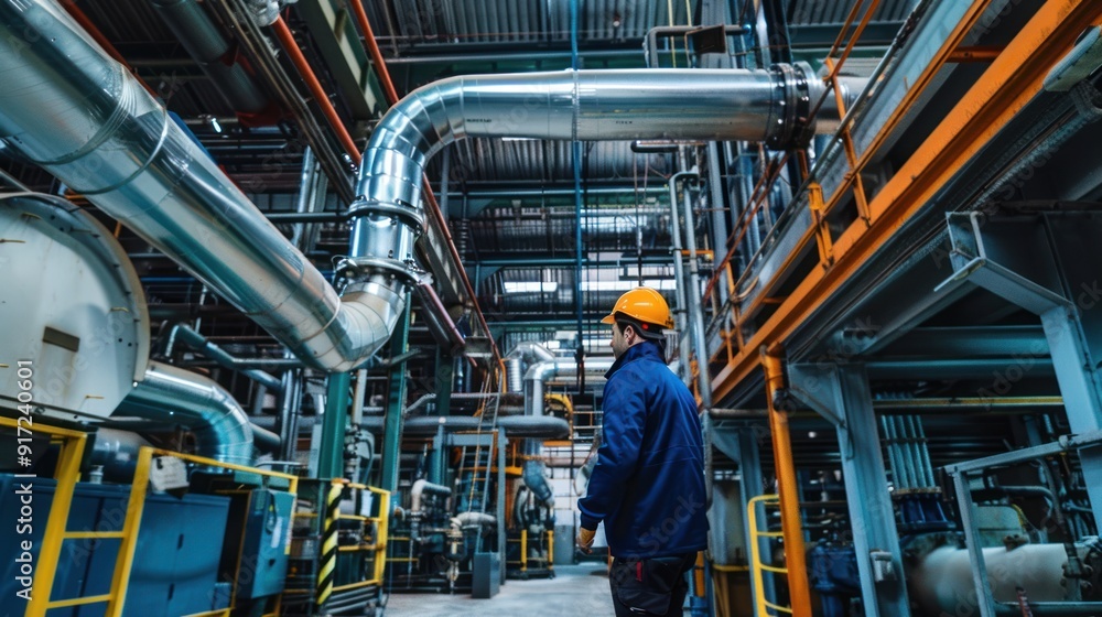 Technician servicing industrial HVAC system in warehouse Technician servicing industrial HVAC system in warehouse