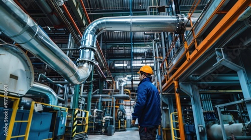 Technician servicing industrial HVAC system in warehouse
