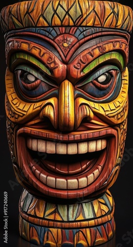 Vibrant Polynesian Heritage: A Colorful Wooden Tiki Mask with Intricate Carvings and Bold Expressions, Capturing the Attention of Art and Cultural Enthusiasts.
