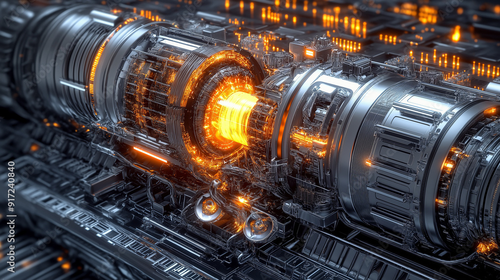 fusion powered, Futuristic metallic engine with glowing core. fusion powered, Futuristic metallic engine with glowing core.