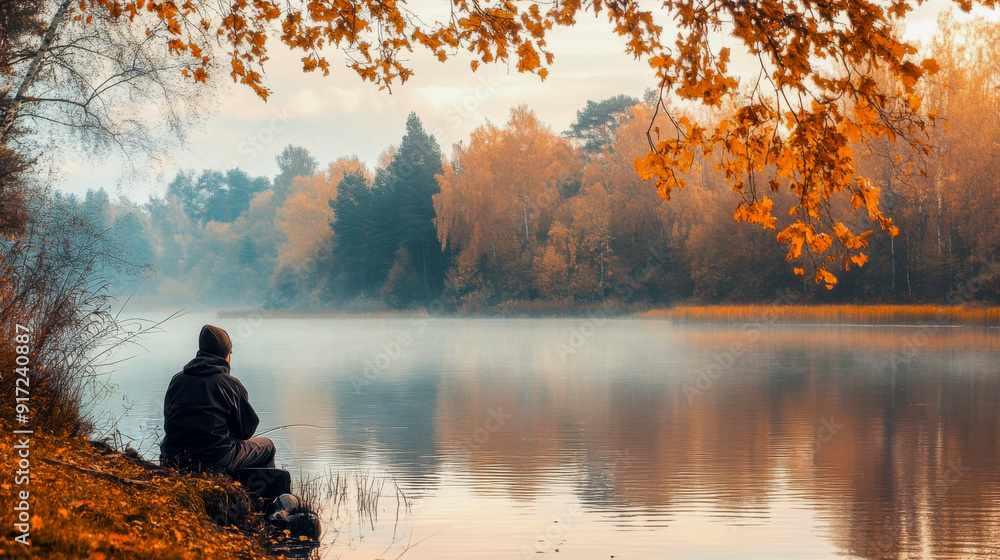 A serene fisherman enjoys a calm autumn morning by the lake surrounded by colorful foliage in the early hours A serene fisherman enjoys a calm autumn morning by the lake surrounded by colorful foliage in the early hours