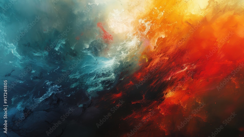 Dynamic abstract artwork depicting the intense clash of fiery reds and cool blues, symbolizing the energy and contrast between fire and water. Dynamic abstract artwork depicting the intense clash of fiery reds and cool blues, symbolizing the energy and contrast between fire and water.