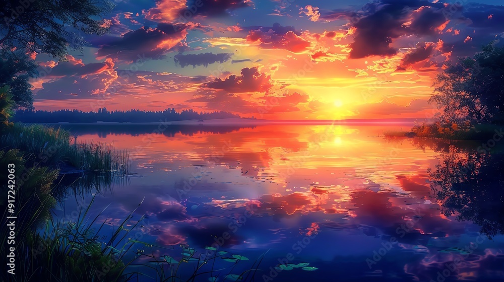 A beautiful sunset over a serene lake with reflections on the water A beautiful sunset over a serene lake with reflections on the water