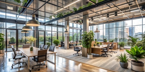 Modern Office Interior with Green Plants and City View, Wide Angle, Horizontal, Furniture, Plants, Cityscape, Office Space