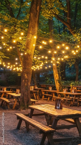 Cozy Evening at the Beer Garden: A Forest Setting with String Lights and Wooden Tables for an Idyllic Romantic Event or Outdoor Dining Experience. photo