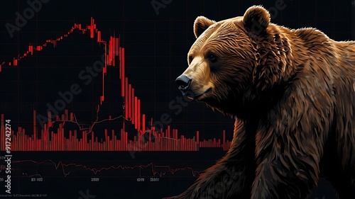 Obraz na płótnie Abstract stock and crypto bear market, bearish markets graphs in background and a bear in foreground w salonie