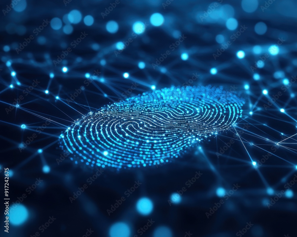 A digital fingerprint surrounded by a network of glowing nodes and connections, symbolizing security and technology. A digital fingerprint surrounded by a network of glowing nodes and connections, symbolizing security and technology.