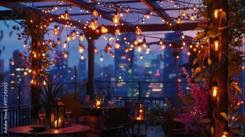 A lively rooftop party with fairy lights and a city view