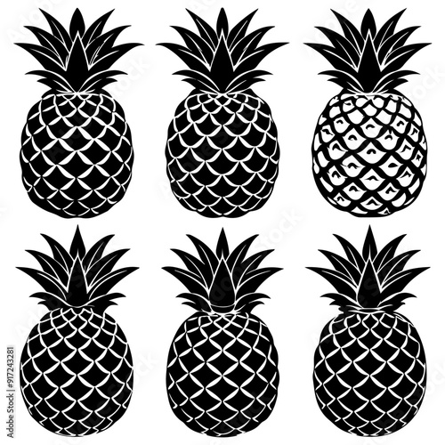 Set of realistic Pineapple Fruit and Leaves Silhouettes, Pineapple outline seamless pattern for textile, Pineapple Fruit and Leaves icon set. 