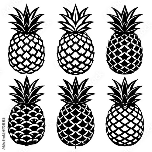 Set of realistic Pineapple Fruit and Leaves Silhouettes, Pineapple outline seamless pattern for textile, Pineapple Fruit and Leaves icon set.