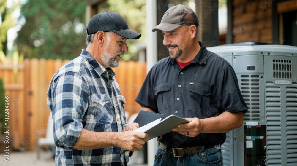 HVAC contractor discussing project details with client HVAC contractor discussing project details with client