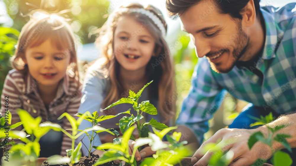 Man and children planting trees with care, reflecting a commitment to environmental conservation and nature preservation. Their thoughtful efforts emphasize the importance. Man and children planting trees with care, reflecting a commitment to environmental conservation and nature preservation. Their thoughtful efforts emphasize the importance.