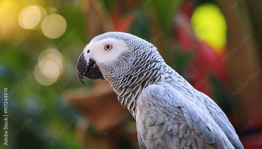Fototapeta premium A grey parrot sitting on a branch, head slightly tilted, intelligent look, grey plumage, red tail feathers
