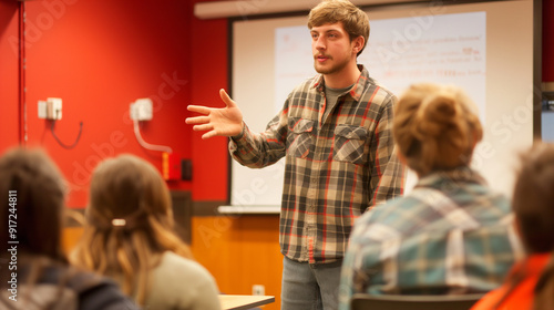 Student Presentations: A student giving a presentation or speech in front of a class with ample copy space
