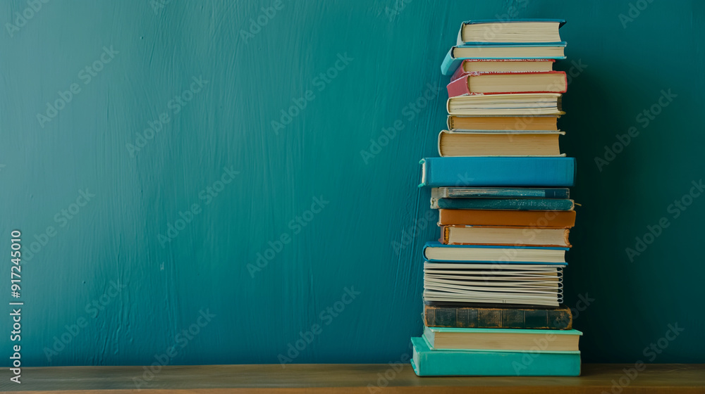 Academic Books: Stacked academic books and notebooks with space for study motivation or book recommendations Academic Books: Stacked academic books and notebooks with space for study motivation or book recommendations