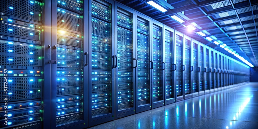 Server Room Interior Rows of Rack Mounted Servers With Blue Lights, data center , server , network , technology Server Room Interior Rows of Rack Mounted Servers With Blue Lights, data center , server , network , technology