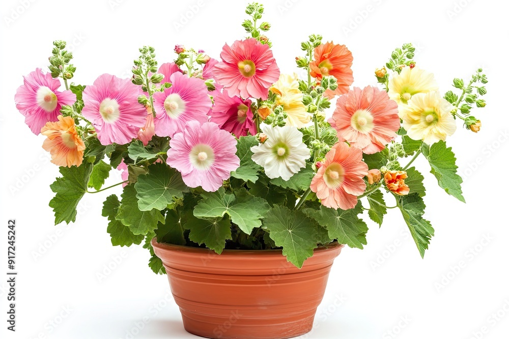 Colorful hollyhock flowers in the pot isolated on a white background Colorful hollyhock flowers in the pot isolated on a white background