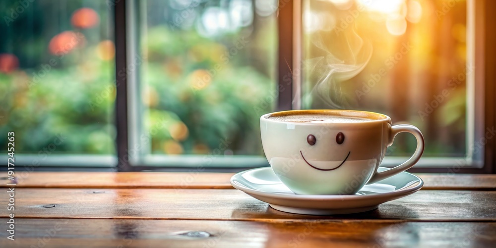 Obraz premium Smiling Coffee Cup by the Window, Coffee, Cup, Window, Morning Light