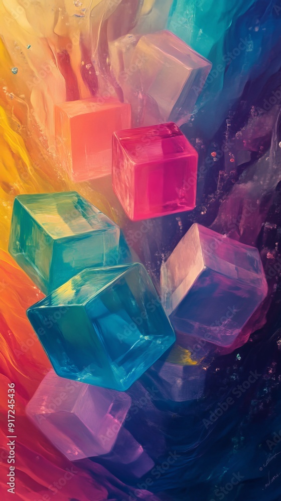 Colorful ice cubes in vibrant liquid art Colorful ice cubes in vibrant liquid art