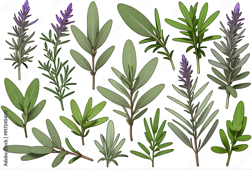 Fototapeta premium set fresh sage herbs clipping path white background