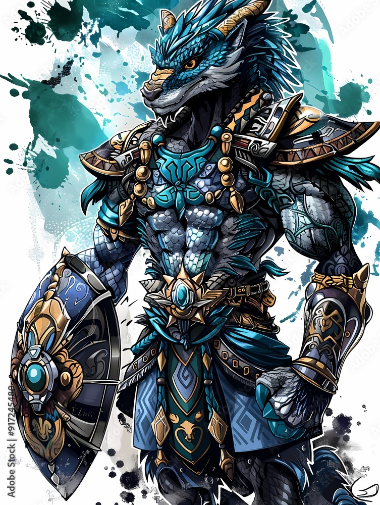 Fototapeta premium A powerful anthropomorphic warrior with a dragon-like head, adorned in ornate armor and wielding a shield.