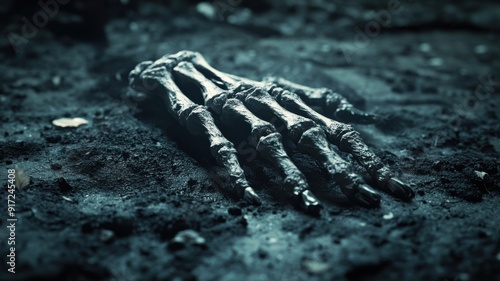 A haunting image of a skeletal hand emerging from dark soil, evoking themes of mystery and the unknown.