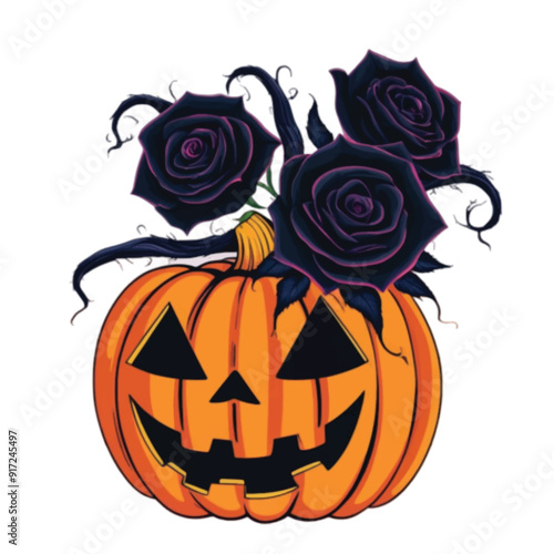 Jack-O-Lantern Halloween pumpkin decorated with natural black rose isolated on white background 