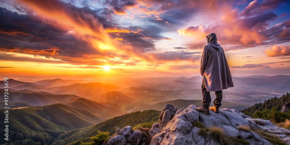 Solitary Figure on Mountain Peak at Sunset, mountain , sunset , landscape , nature