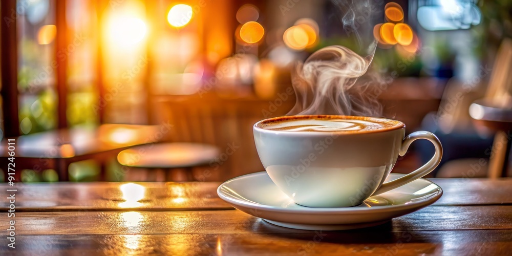 Steaming Cup of Coffee on Wooden Table, Cafe, Latte, Coffee Shop, Morning Steaming Cup of Coffee on Wooden Table, Cafe, Latte, Coffee Shop, Morning