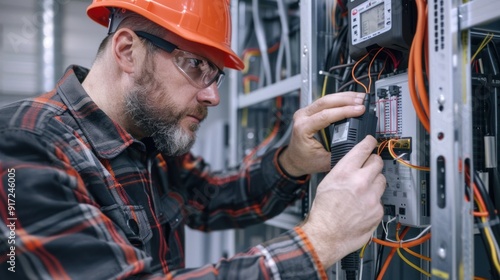 HVAC technician using digital multimeter on unit