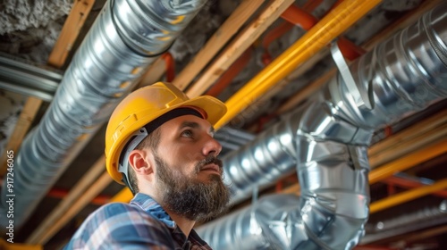 Technician inspecting air ducts in residential building