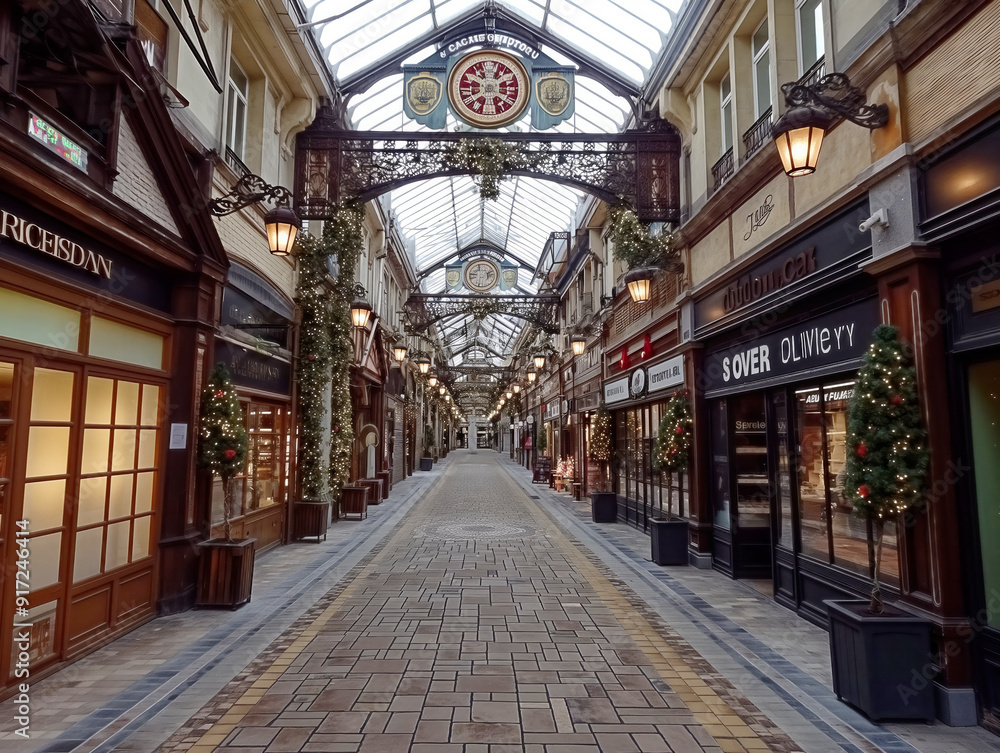 A long, narrow street with many shops and a clock on the roof. The street is lined with Christmas decorations