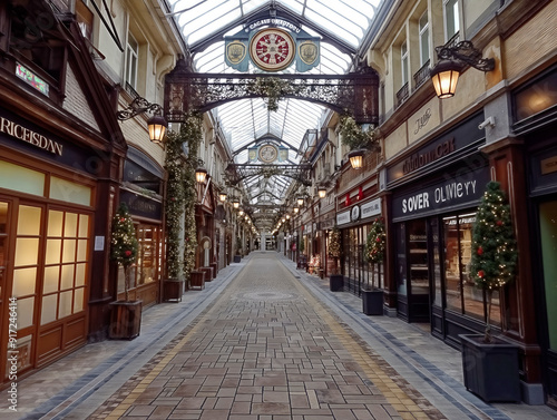 Obraz na płótnie A long, narrow street with many shops and a clock on the roof. The street is lined with Christmas decorations w salonie