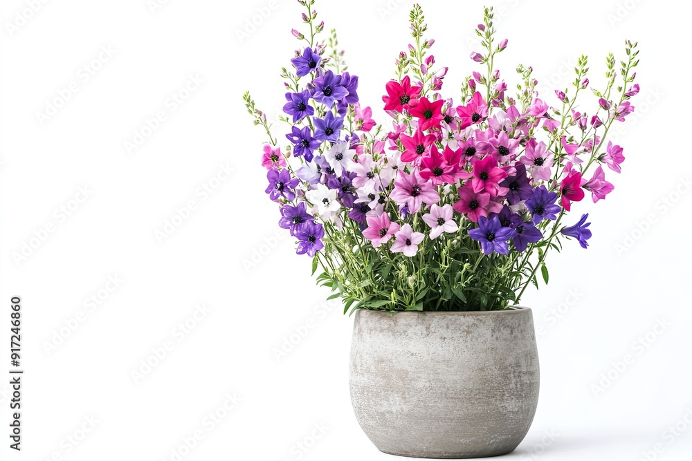 Fototapeta premium Colorful larkspur flowers in the pot isolated on a white background