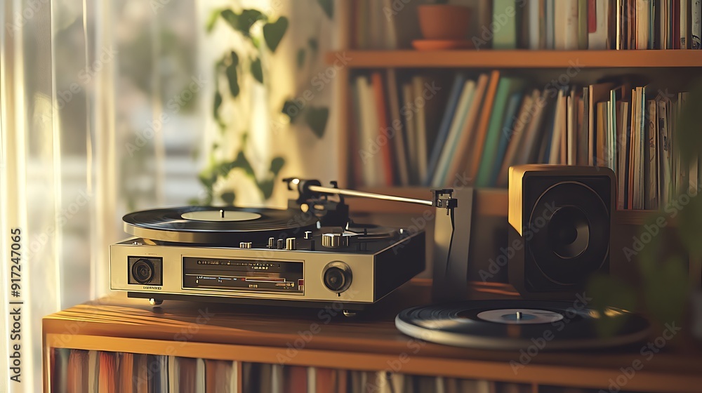 Fototapeta premium Vintage Turntable and Speaker on Wooden Shelf
