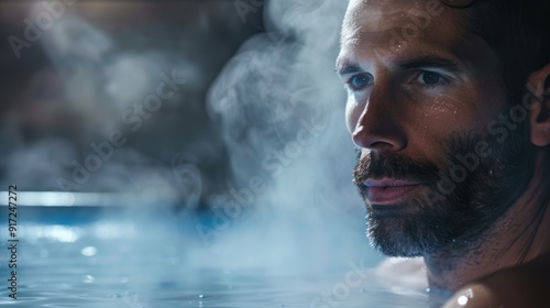 Serious-looking man relaxing in a steam room, enjoying a sauna bath