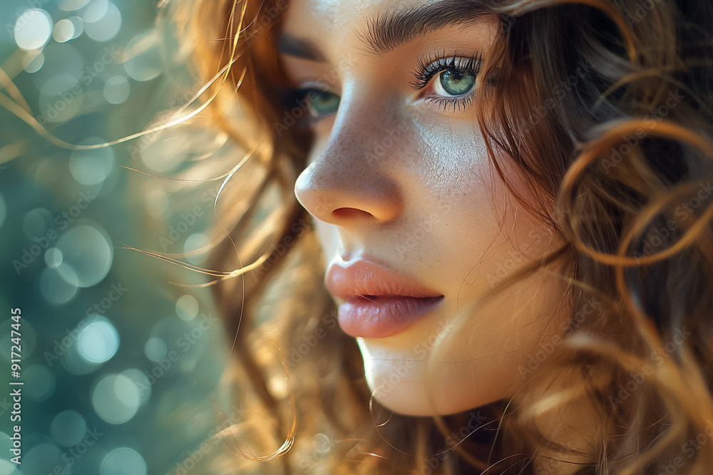 Closeup captures a young woman who has radiant curls and bright blue eyes, beautifully framed by a breathtaking natural backdrop Closeup captures a young woman who has radiant curls and bright blue eyes, beautifully framed by a breathtaking natural backdrop
