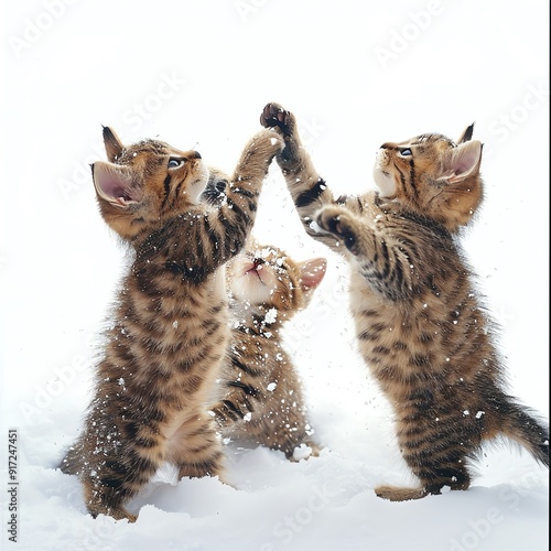 Three playful kittens joyfully interact in a snowy landscape, creating a heartwarming and adorable winter scene. photo