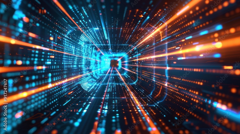 Abstract Digital Tunnel with Glowing Lines and Dots Abstract Digital Tunnel with Glowing Lines and Dots