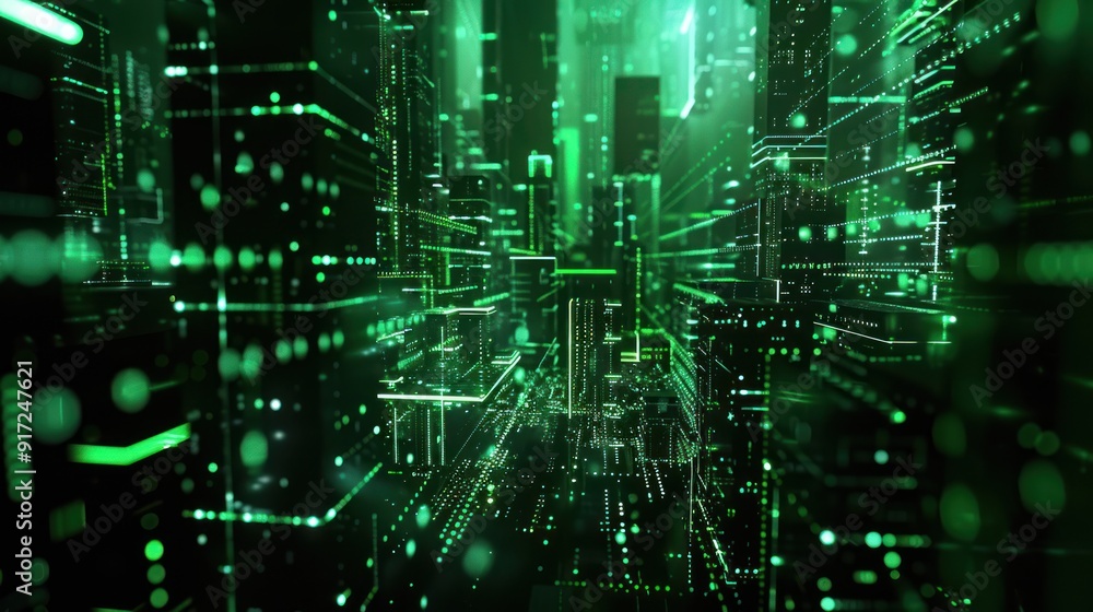 Digital Cityscape in Green Hues Digital Cityscape in Green Hues