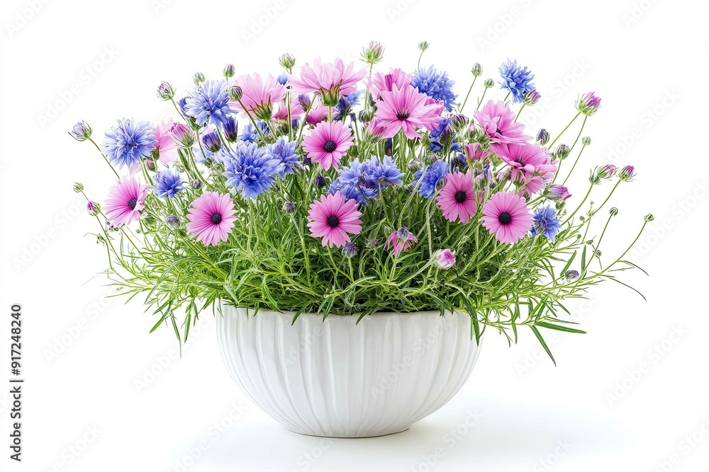 Fototapeta premium Colorful love-in-a-mist flowers in the pot isolated on a white background