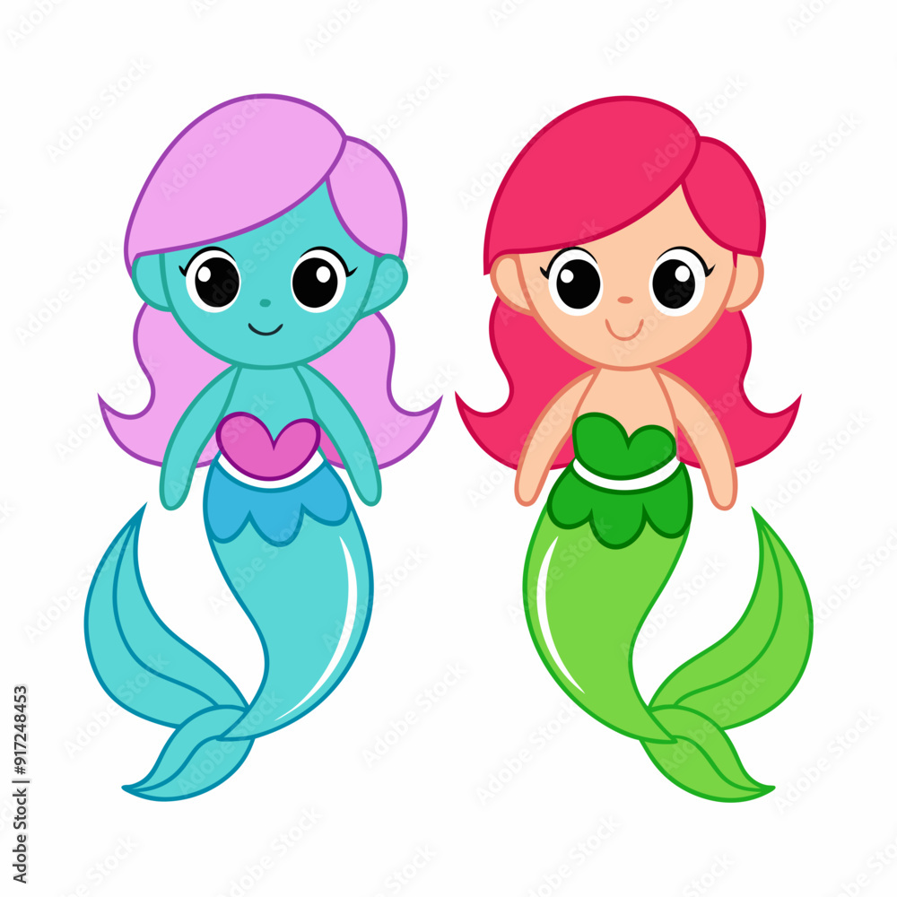 Obraz premium Cute mermaids with fish art vector illustration