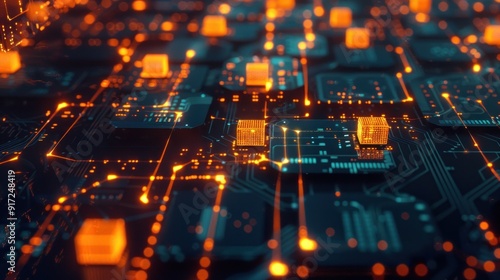 Wallpaper Mural Abstract Circuit Board with Glowing Orange Lines Torontodigital.ca