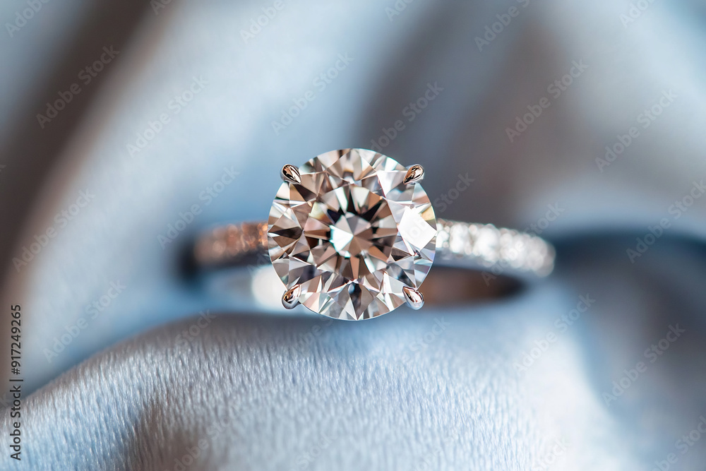 engagement ring with a large round diamond, resting on soft blue velvet fabric engagement ring with a large round diamond, resting on soft blue velvet fabric