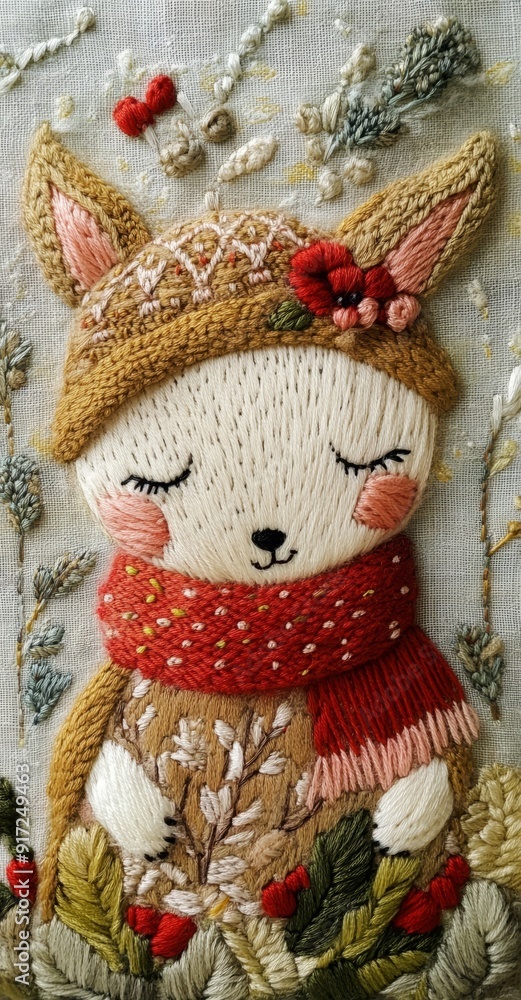 Fototapeta premium Christmas cute funny little cat near the Christmas tree in embroidery style