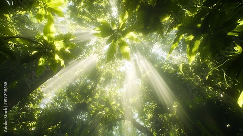 A dense forest canopy viewed from below, with rays of sunlight breaking through the leaves photo