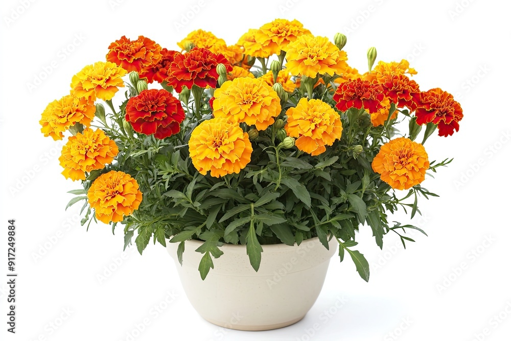 Colorful marigold flowers in the pot isolated on a white background Colorful marigold flowers in the pot isolated on a white background